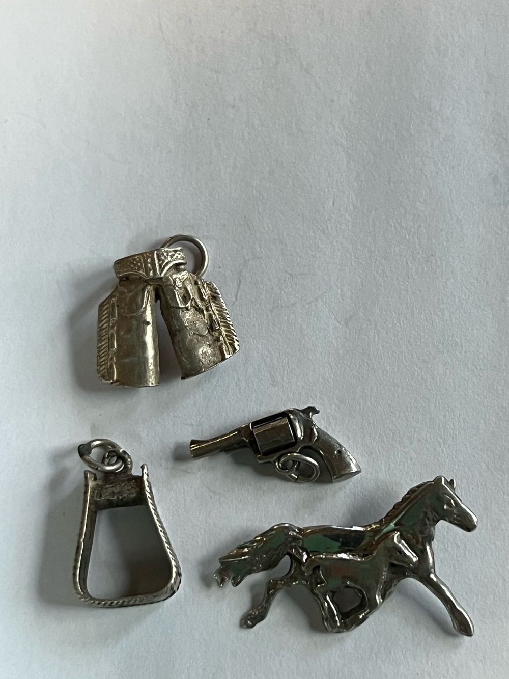 Sterling Silver Western Charm Set - Horse, Revolver, Stirrup, Boots